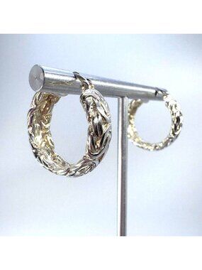 Ornate Textured Hoop Earrings Hinged Posts Sterling Silver 925 Size 0.75" Length
